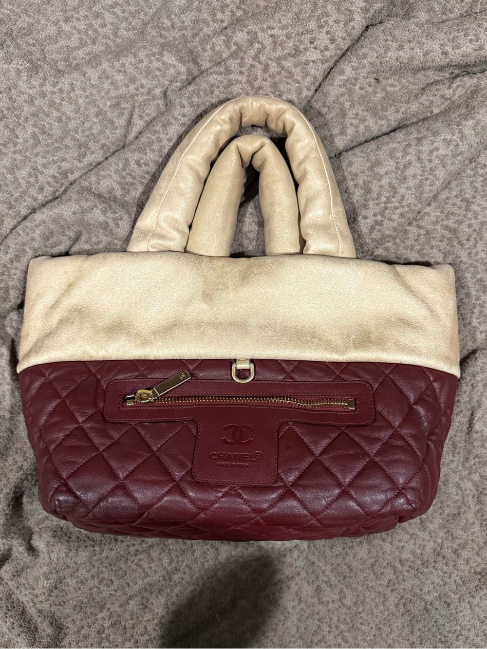 CHANEL Quilted Two-Tone Tote in Burgundy and Cream
